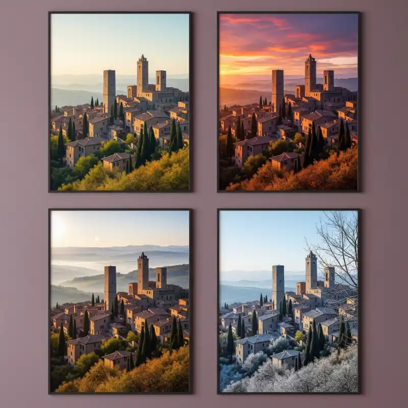 Tranh tứ quý bộ bốn bức tranh về thành phố cổ San Gimignano, Ý vào những thời khắc khác nhau trong năm.