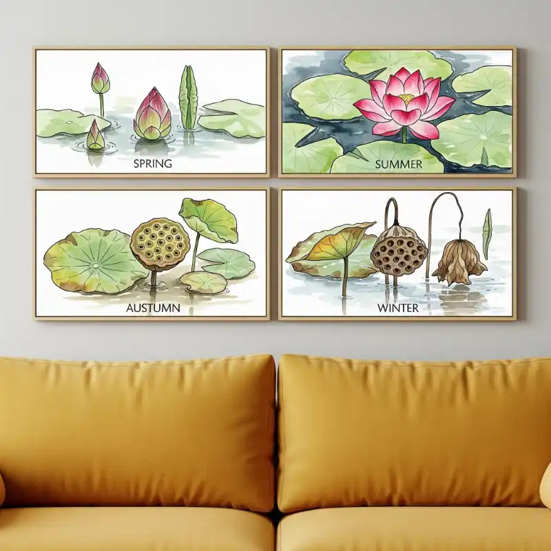 Tranh tứ quý bộ bốn bức tranh mô tả vòng đời của hoa sen qua bốn mùa Xuân, Hạ, Thu, Đông.