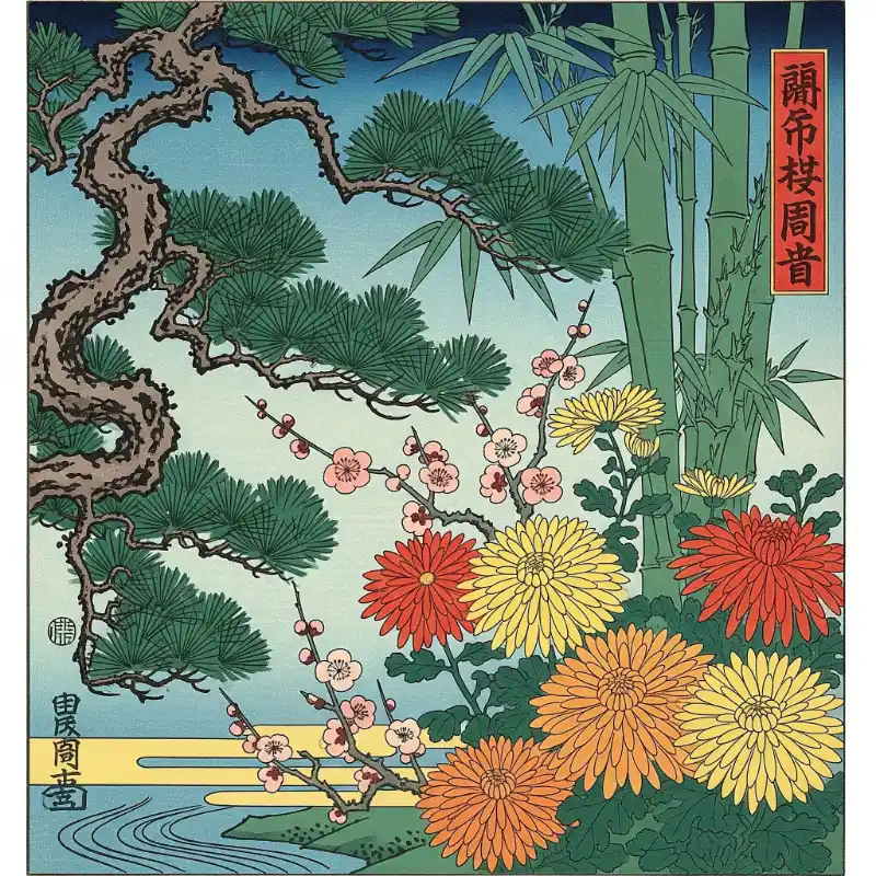Tranh tứ quý phong cách khắc gỗ Ukiyo-e Nhật Bản, thể hiện cây tùng, khóm trúc, hoa mai và hoa cúc rực rỡ.