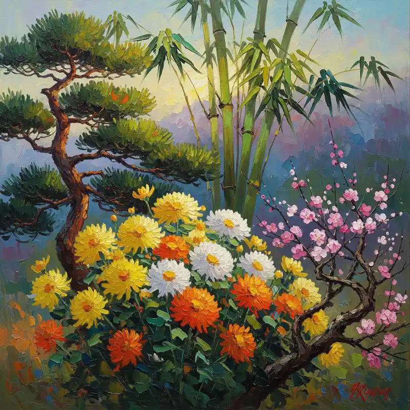 Tranh tứ quý sơn dầu theo trường phái ấn tượng, khắc họa Tùng Cúc Trúc Mai bằng những nét cọ dày dặn, sống động.