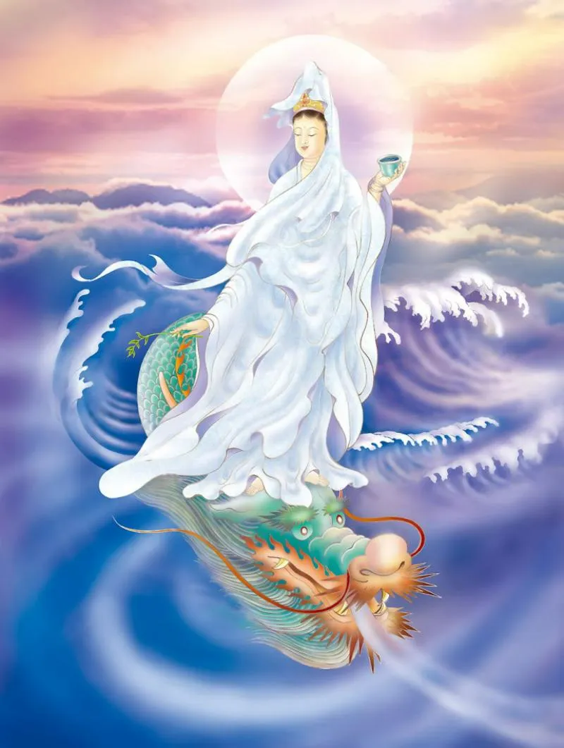 Tranh Quán Âm ngự rồng, thể hiện quyền năng và sức mạnh trấn áp tai ương, mang lại sự bình an