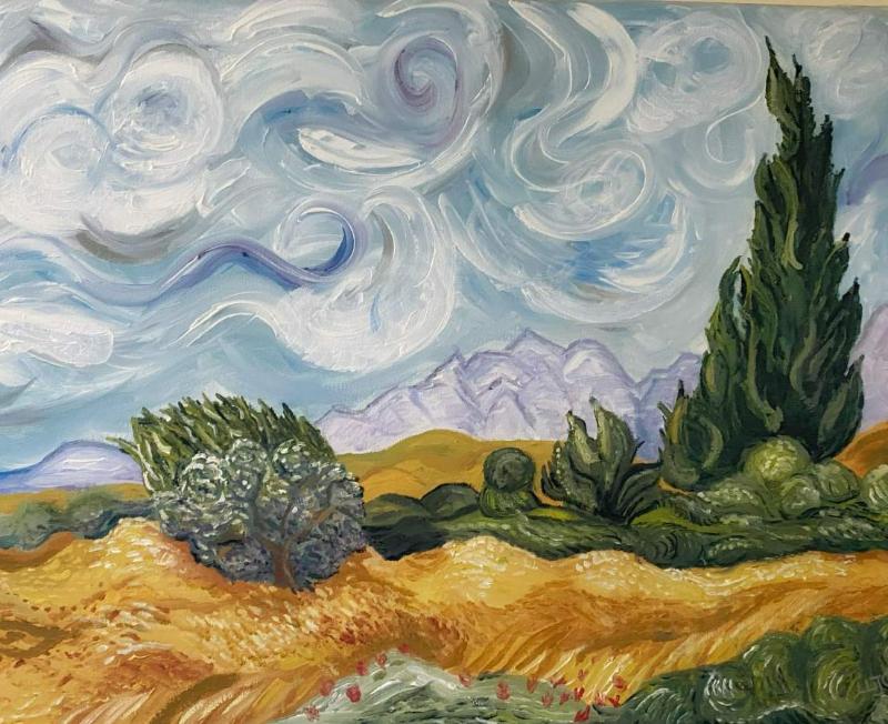 Bức tranh Đồng lúa mì và cây bách của Van Gogh, một kiệt tác thể hiện sự kết hợp hài hòa giữa cánh đồng lúa mì vàng rực và hàng cây bách cao vút