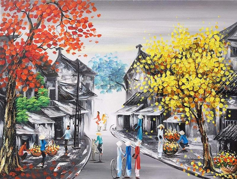 Bức tranh khắc họa hình ảnh các thiếu nữ áo dài dạo bước trong khung cảnh phố cổ