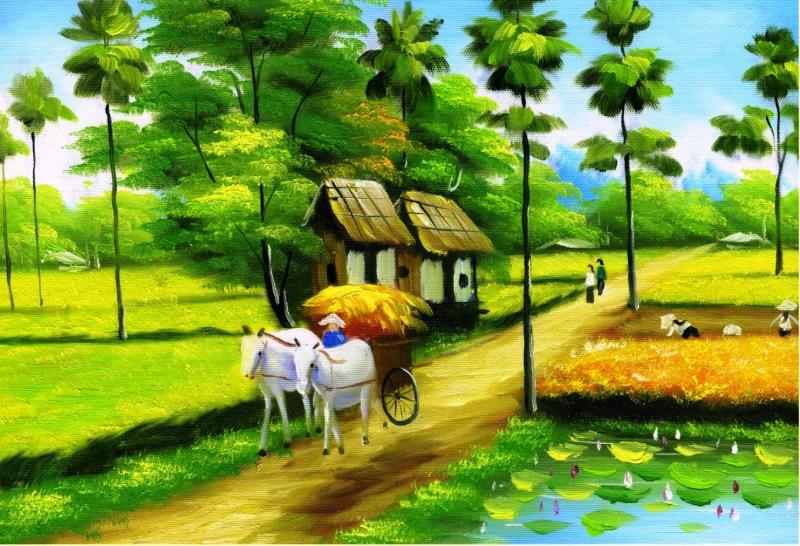 Bức tranh phong cảnh đồng quê Việt Nam với cây xanh và dòng nước hiền hòa, mang lại cảm giác bình yên