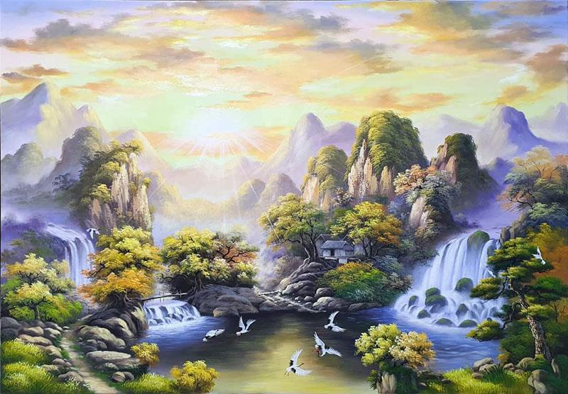 Bức tranh phong cảnh hữu tình với núi non hùng vĩ và dòng thác chảy