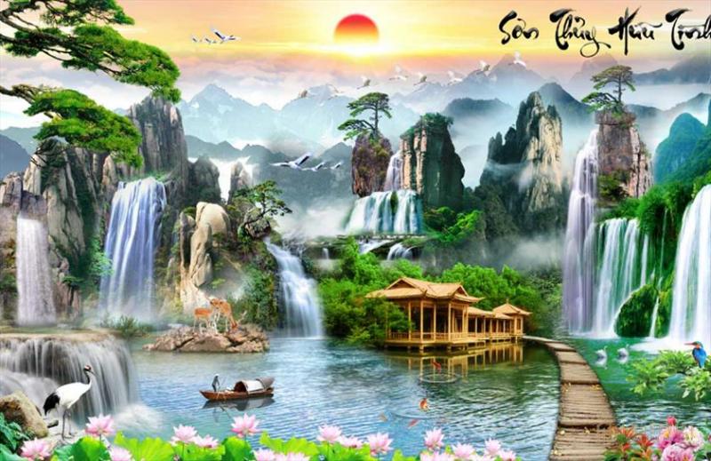 Bức tranh thác nước với mặt trời mọc, chim hạc bay lượn, mang lại cảm giác an yên và thịnh vượng