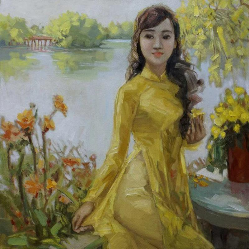Bức tranh thể hiện vẻ đẹp của người thiếu nữ trong tà áo dài truyền thống, tạo nên một khung cảnh vừa hoài niệm vừa hiện đại.
