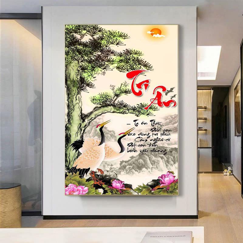 Bức tranh tri ân thầy cô với hình ảnh hai con hạc bên cây tùng, thể hiện sự trường tồn và lòng biết ơn sâu sắc.