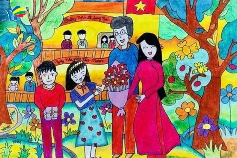 Bức tranh vẽ tay đầy màu sắc của học sinh, tái hiện hình ảnh thầy cô và học trò trong ngày Nhà giáo Việt Nam 20/11