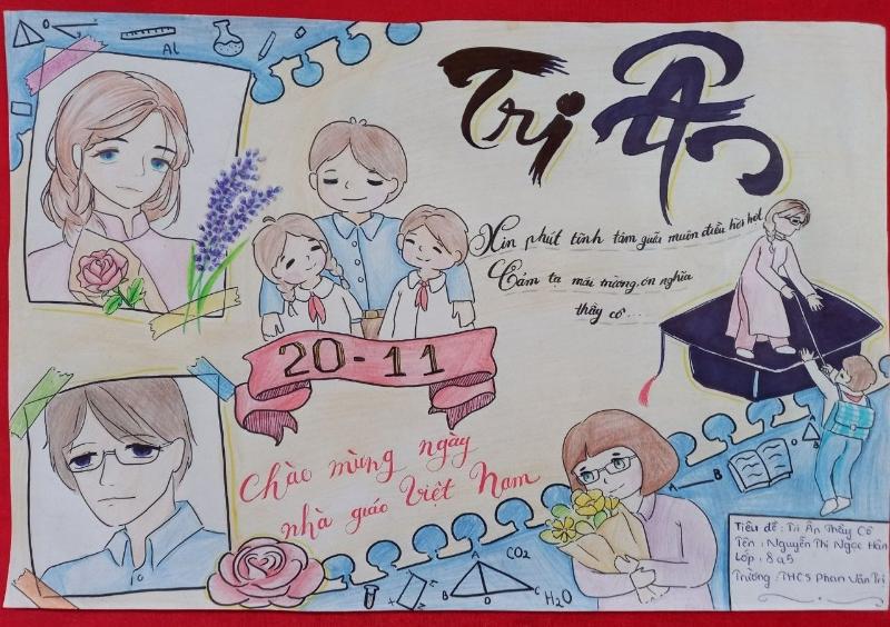 Bức tranh vẽ với chữ "Tri Ân" lớn, kết hợp các hình ảnh tượng trưng như thầy cô, học sinh thể hiện lòng biết ơn từ cả một tập thể lớp