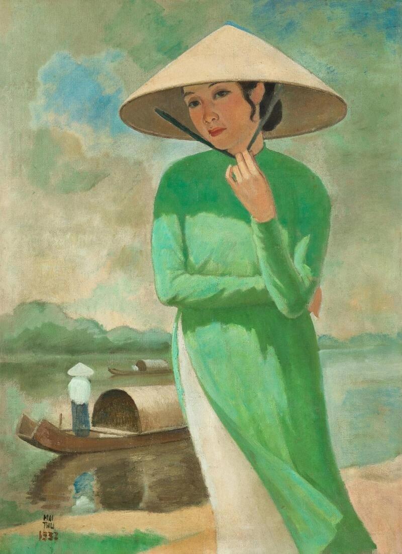 Bức tranh với màu sắc nhẹ nhàng và hình ảnh thiếu nữ trong tà áo dài, nón lá, thể hiện vẻ đẹp kín đáo và tinh tế của người phụ nữ Việt