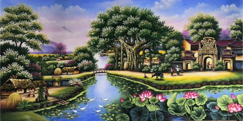 Tranh cây đa giếng nước sân đình bằng đá quý cao cấp