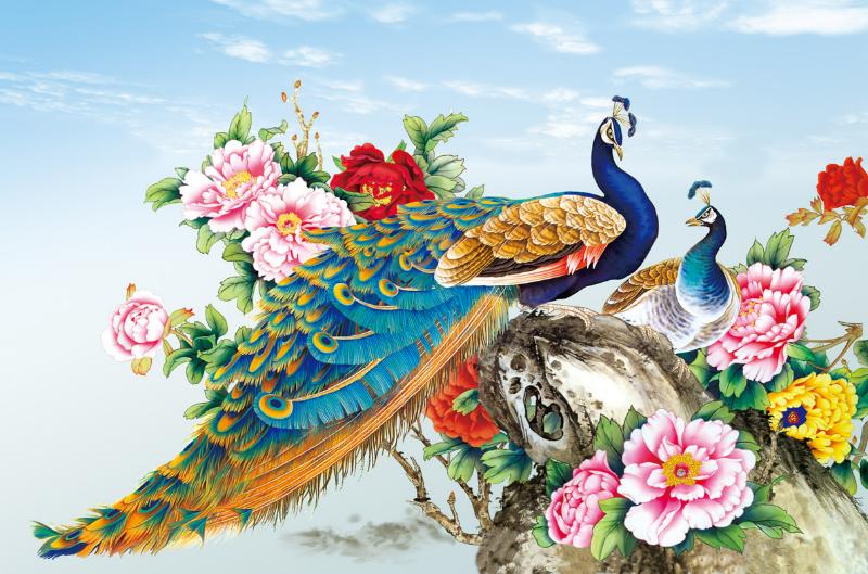 Chim công và hoa mẫu đơn kết hợp hài hòa trong một bức tranh đầy màu sắc, tượng trưng cho phú quý và may mắn