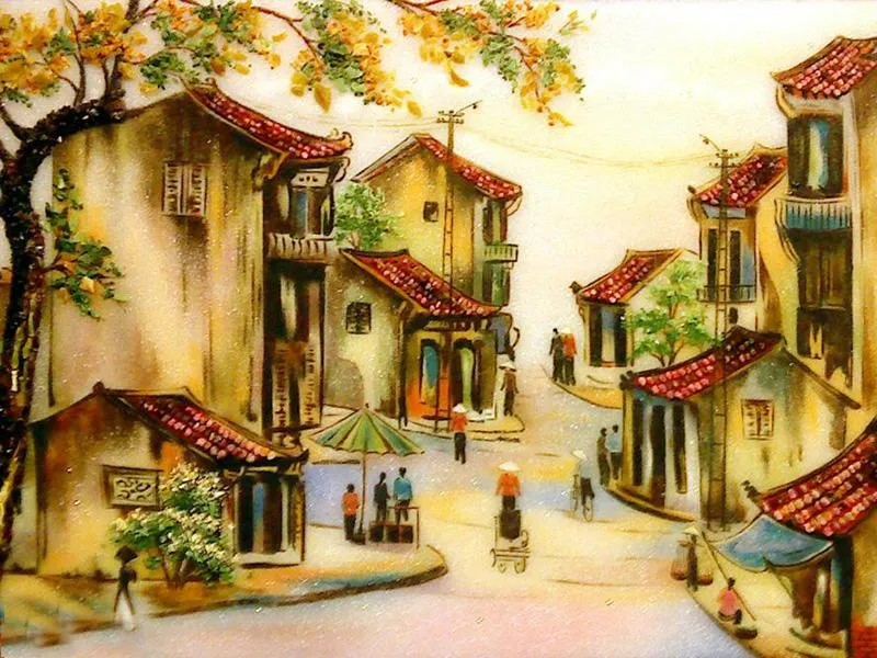 Tranh vẽ một con phố nhỏ ở Hội An với những mái ngói rêu phong và giàn hoa giấy rực rỡ
