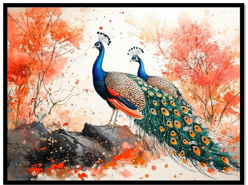 Đôi chim công trên nền cây lá mùa thu, tạo nên một bức tranh phong cảnh lãng mạn, mang lại sự hòa hợp và bình yên