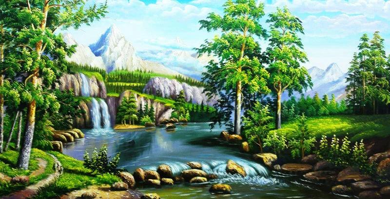 Dòng suối uốn lượn qua rừng cây xanh mát, tượng trưng cho nguồn tài lộc dồi dào chảy vào ngôi nhà