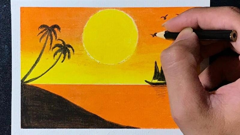 Dụng cụ vẽ tranh hoàng hôn trên biển