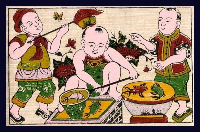 Chọi cá - Tranh Đông Hồ