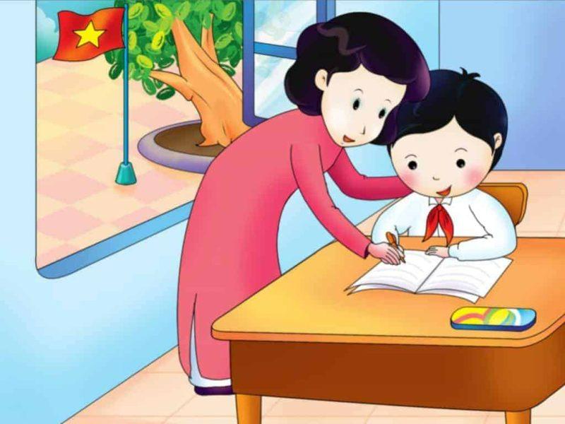 Hình ảnh cô giáo ân cần, dịu dàng hướng dẫn một bạn nhỏ đang học bài
