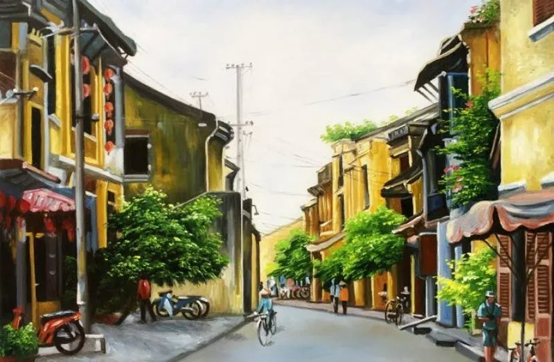 Một góc phố Hội An trầm mặc với những ngôi nhà cổ, xe đạp và giàn hoa giấy được thể hiện bằng sơn dầu với màu sắc ấm áp, hoài niệm