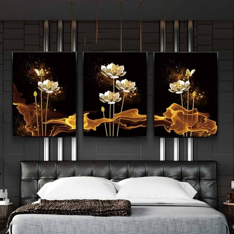 Tranh canvas hoa Sen trắng nền vàng đen