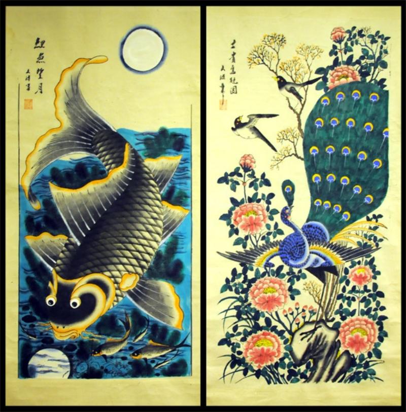 Tranh Hàng Trống cá chép và chim công