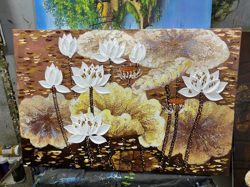 Tranh hoa sen sơn dầu hiện đại