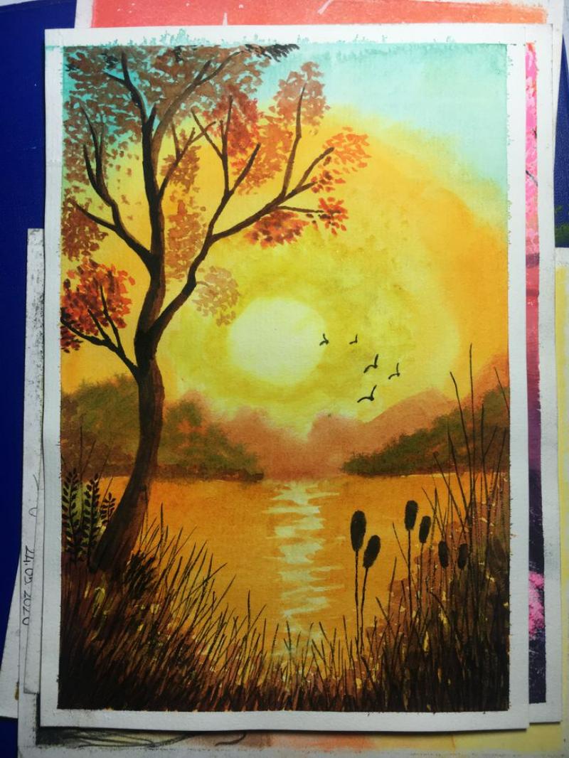 Tranh phong cảnh màu nước chủ đề hoàng hôn bên sông