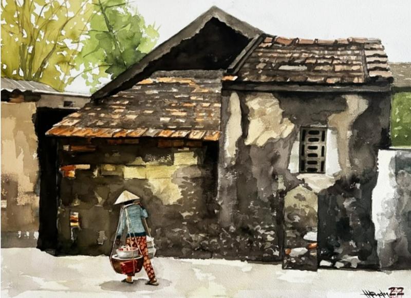 Tranh màu nước phong cảnh làng quê
