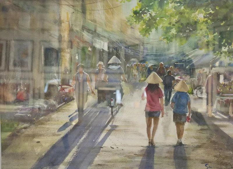 Tranh màu nước phong cảnh làng quê
