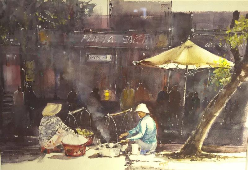 Tranh màu nước phong cảnh làng quê
