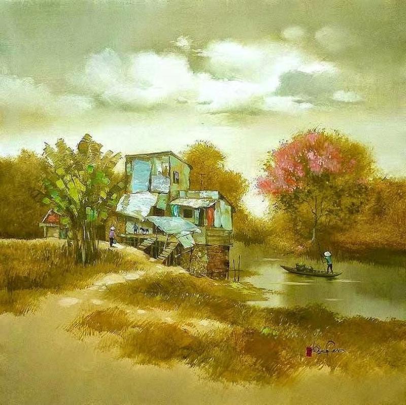 Tranh màu nước phong cảnh làng quê