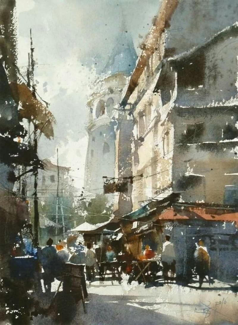 Tranh phong cảnh màu nước thành phố và đời sống
