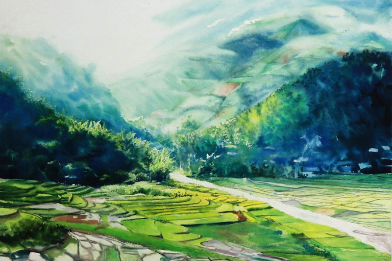 Tranh phong cảnh màu nước chủ đề núi rừng
