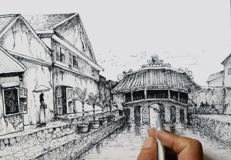 Tranh bút chì phác họa Cầu Chùa với những nét vẽ đen trắng đơn giản, làm nổi bật sắc thái cổ kính và chiều sâu của kiến trúc