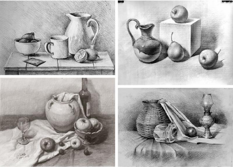 Một bộ tranh tĩnh vật tối giản, tập trung vào hình khối và ánh sáng