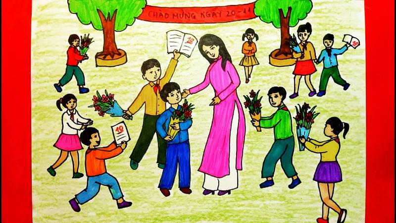 Một bức tranh rực rỡ sắc màu, khắc họa khoảnh khắc học sinh tặng hoa và điểm 10 cho thầy cô vào ngày 20/11