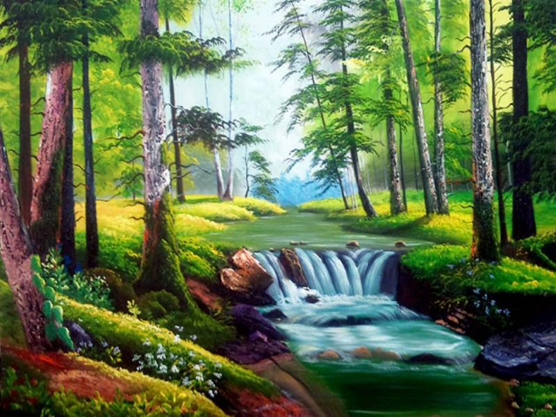Một dòng thác nhỏ hiền hòa chảy qua rừng cây, tạo cảm giác thư thái và cân bằng cho không gian