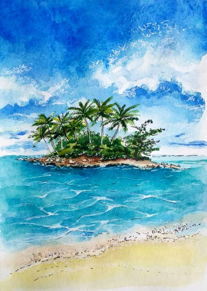 Tranh phong cảnh màu nước đảo nhỏ trên biển