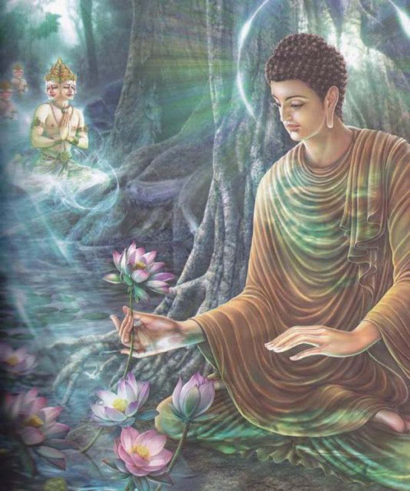 Tranh phật bên hồ sen