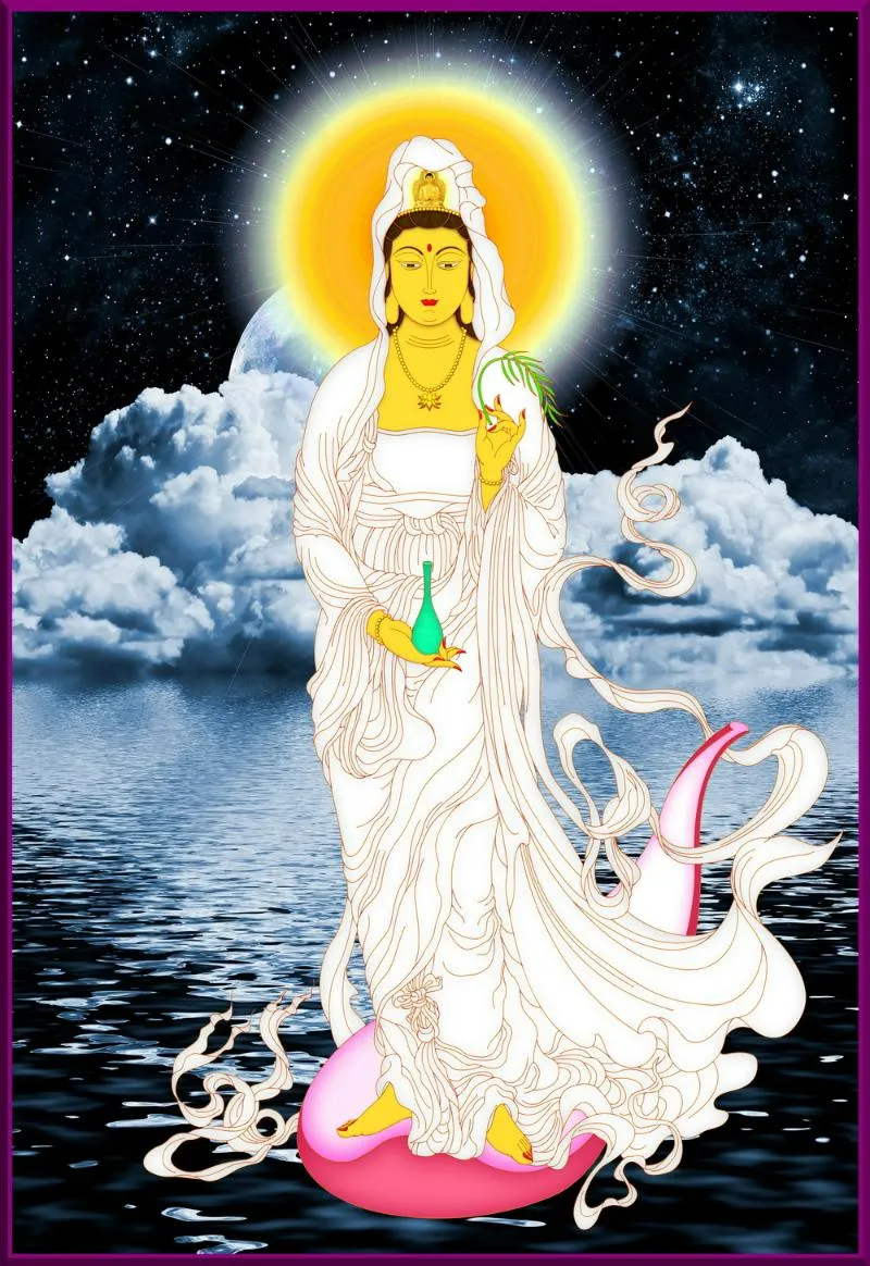 Bồ Tát Quan Âm trong dáng vẻ an nhiên, hiền từ, tỏa ánh hào quang giữa không gian đầy sao và mây