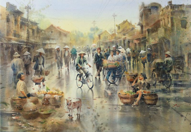 Tranh phong cảnh màu nước thành phố và đời sống
