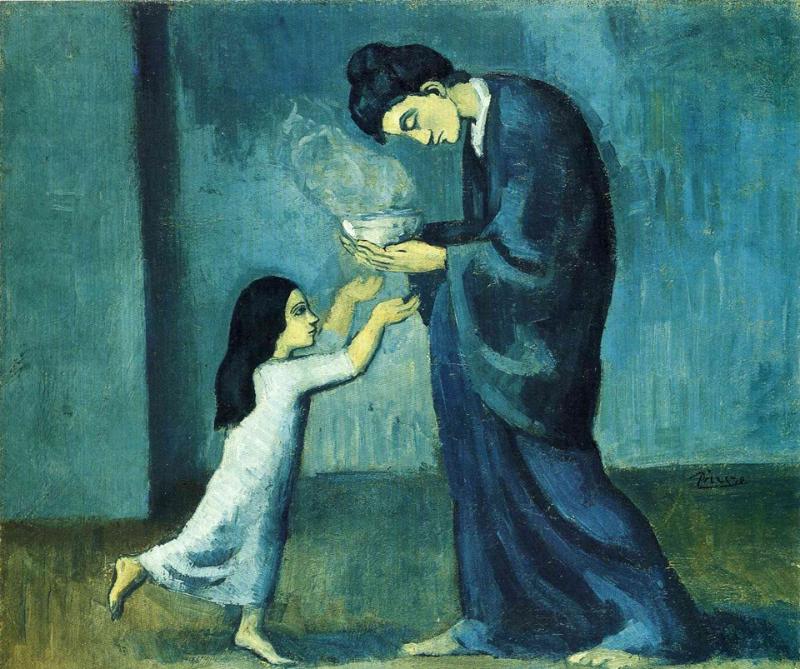 Giai đoạn Xanh của tranh Picasso bao phủ bởi tông màu xanh lam trầm buồn thể hiện nỗi cô đơn, nghèo khó