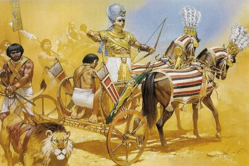 Hình ảnh miêu tả một Pharaoh trên xe ngựa, thể hiện uy quyền và sức mạnh của người đứng đầu vương quốc
