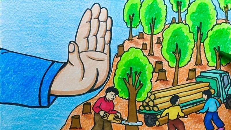 Bức tranh kêu gọi bảo vệ rừng, ngăn chặn chặt phá cây xanh để xây dựng một tương lai xanh – sạch – đẹp cho hành tinh.