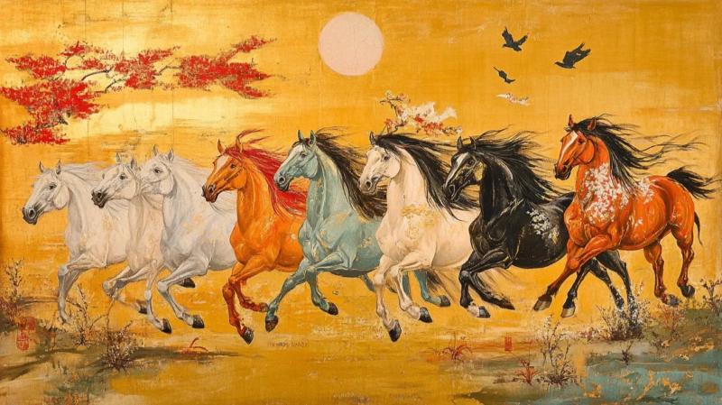 Tranh bát mã hướng nhật tượng trưng cho ánh sáng, hi vọng và khởi đầu thuận lợi