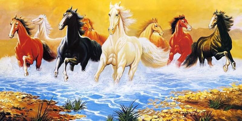 Tranh Bát Mã Vượt Sông "Vượt Khó Kiên Cường" - Ý chí vượt mọi thử thách, tạo năng lượng đột phá cho sự nghiệp, lý tưởng cho doanh nhân.