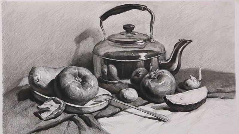 Tranh các loại trái cây được vẽ tỉ mỉ, phô bày kỹ thuật vẽ than chì