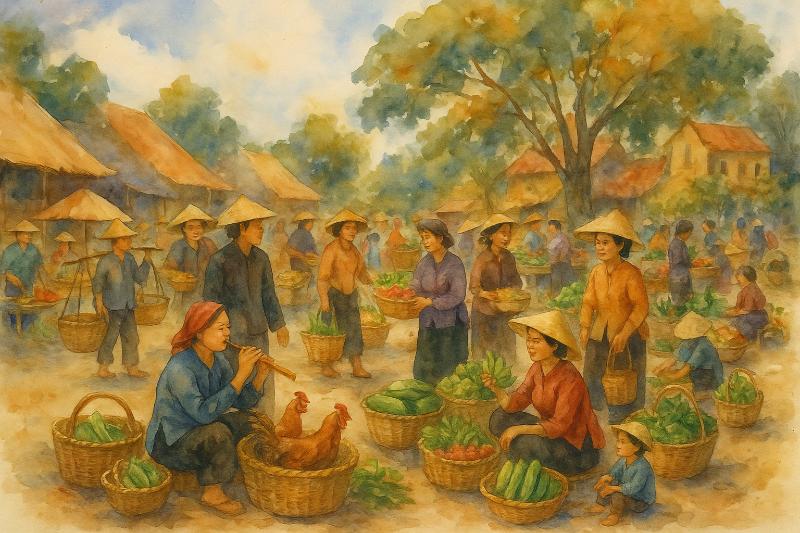 Tranh cảnh phiên chợ quê nhộn nhịp, gần gũi