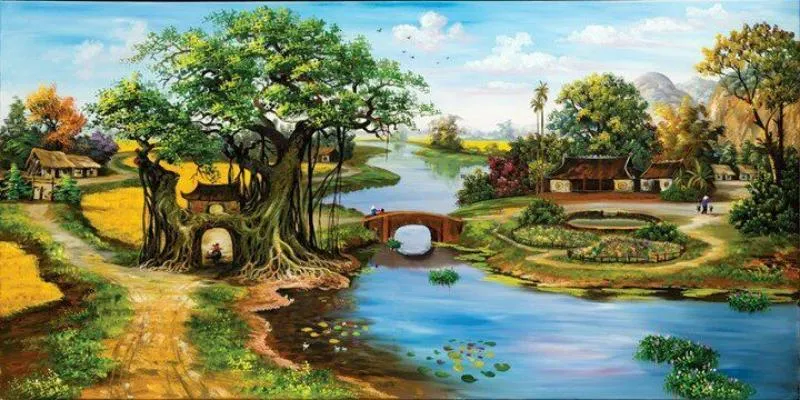 Tranh cây đa giếng nước sân đình bằng sơn dầu